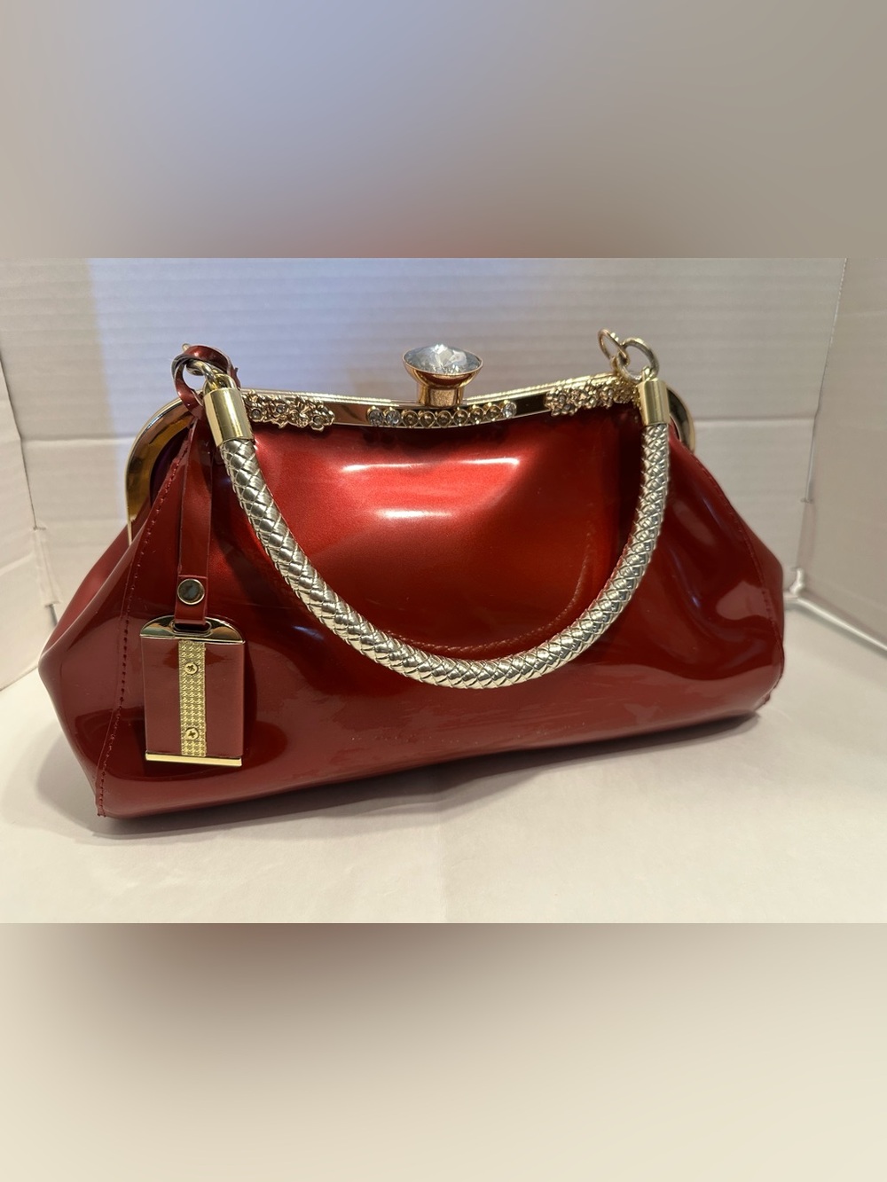 Handbags Kisslock Crystal Buckle Leather Top Handle Purse Full Size